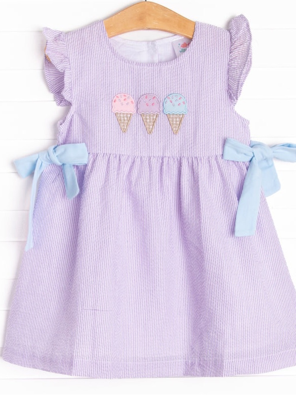 Girls Light Pink Seersucker Dress with Ice Cream Appliqué